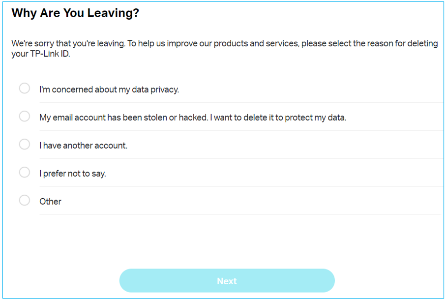 TP-Link account deletion survey asking why you are leaving, with five radio button options and a Next button.