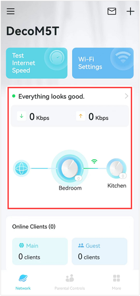 Deco app home screen for DecoM5T showing network status, speed, Bedroom and Kitchen nodes, and Online Clients.