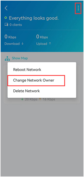 Deco app network menu with Change Network Owner option highlighted and three-dot menu icon circled.