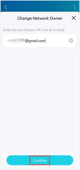 Deco app Change Network Owner screen with new owner Gmail address entered and Confirm button highlighted.