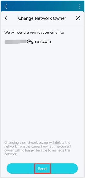 Deco app Change Network Owner screen showing verification email will be sent to new email address, with Send button highlighted.