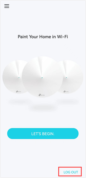 Deco app welcome screen showing three Deco units with "Paint Your Home in Wi-Fi" and LOG OUT button highlighted.