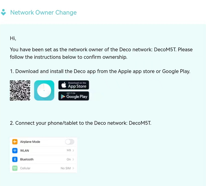 Network Owner Change email with instructions to download the Deco app and connect to the DecoM5T network.