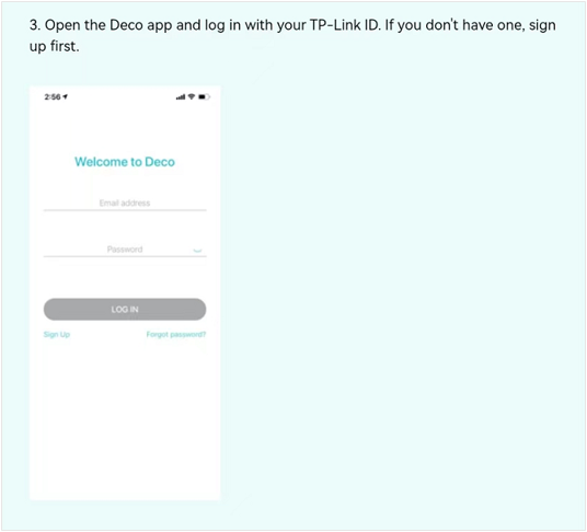 Network Owner Change email step 3 showing the Deco app login screen with TP-Link ID and password fields.