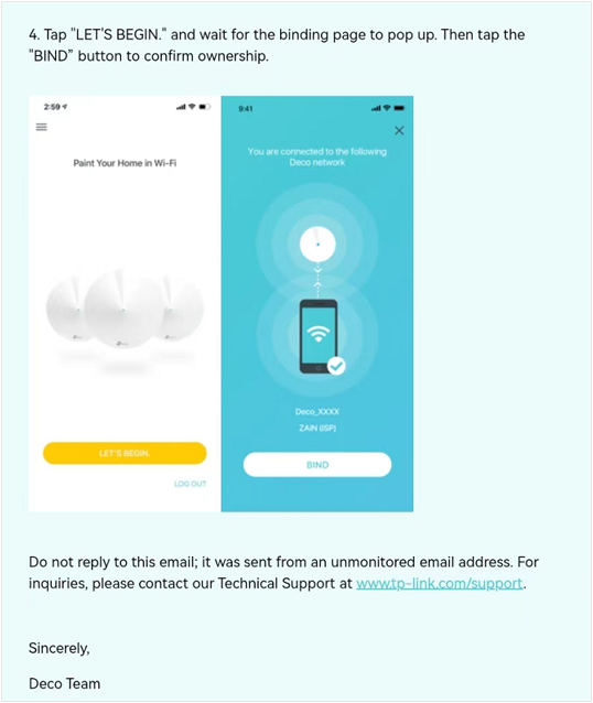 Network Owner Change email step 4 showing the Deco app "LET'S BEGIN" screen and the network binding confirmation screen.
