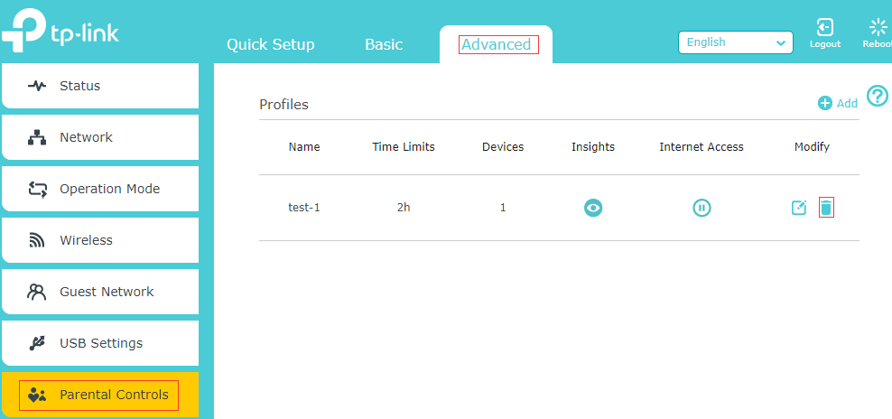 Advanced tab on TP-Link webpage displaying parental control profiles. The Advanced and Parental Control tabs are highlighted.