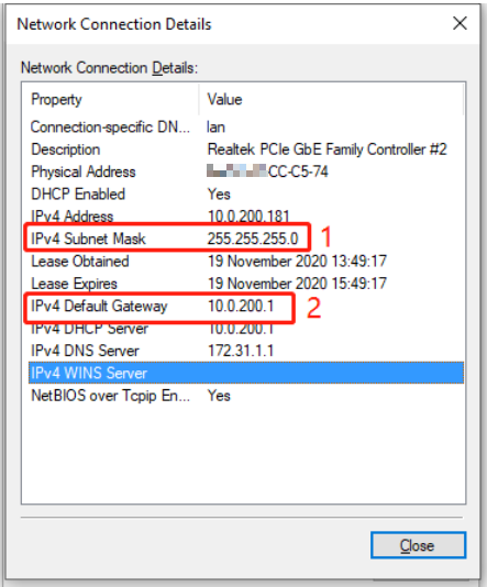 Windows Network Connection Details showing IPv4 Subnet Mask labeled 1 and IPv4 Default Gateway labeled 2, both highlighted in red boxes.