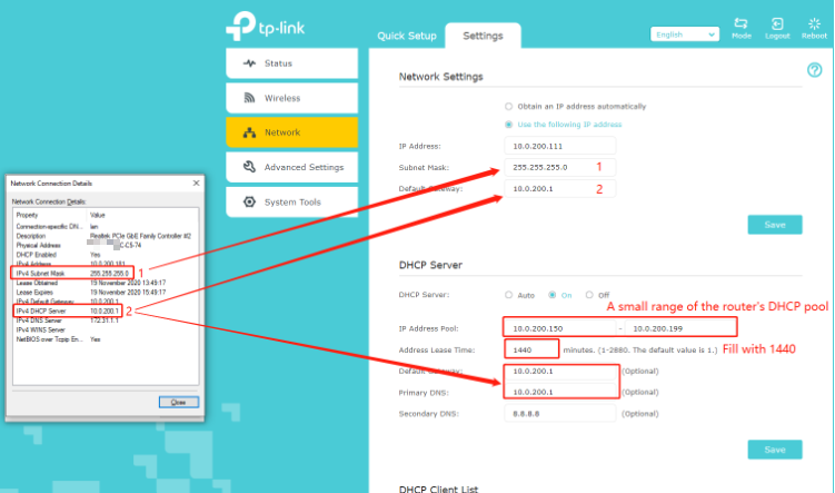 Range extender Network Settings page with arrows from Network Connection Details pointing to the matching Subnet Mask, Gateway, and DHCP fields.