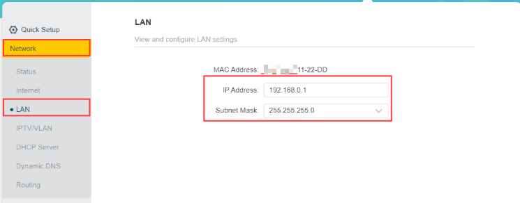 Router web UI showing Network > LAN settings with IP Address and Subnet Mask fields highlighted in a red box.