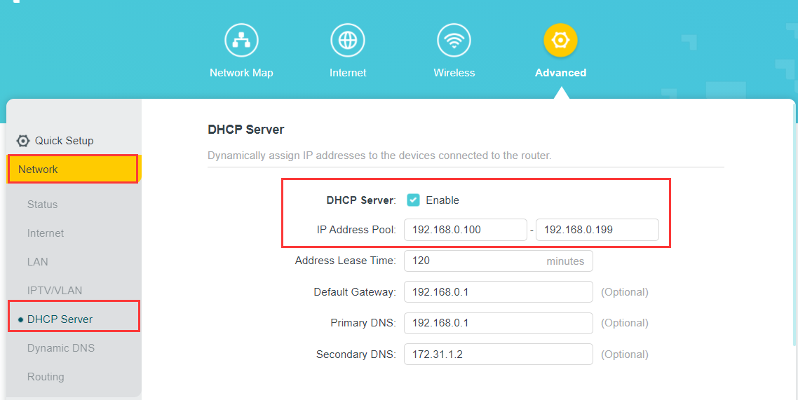 Router web UI showing Advanced > Network > DHCP Server with the enabled DHCP Server and IP Address Pool highlighted in a red box.
