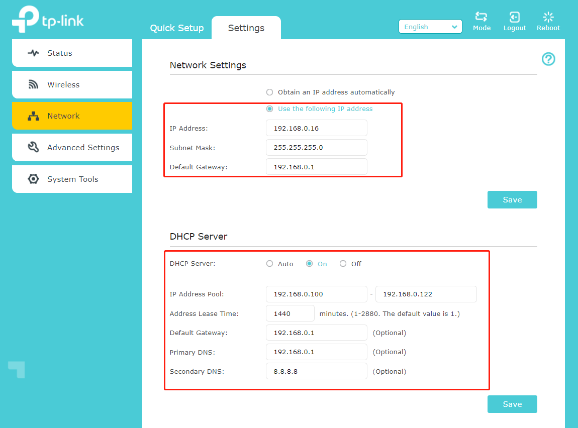 Range extender Network Settings page showing Network Settings and DHCP Server sections both highlighted in red boxes with IP and DNS values filled in.