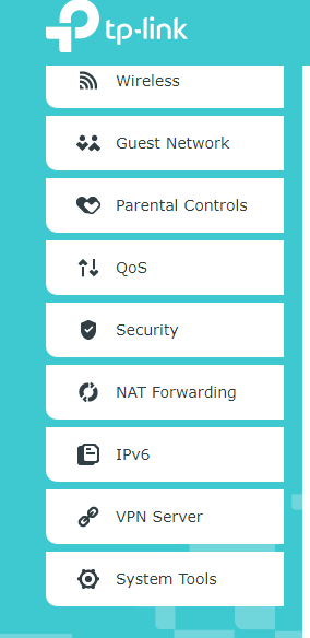 TP-Link router web UI sidebar showing Router Mode menu options, including Guest Network, Parental Controls, QoS, NAT Forwarding, IPv6, and VPN Server