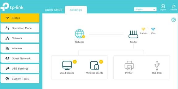 TP-Link router web UI in Access Point Mode showing a simplified Settings menu with Status, Operation Mode, Network, Wireless, and System Tools.