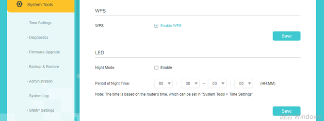 TP-Link router web UI showing System Tools with WPS and LED Night Mode settings available in Access Point Mode.