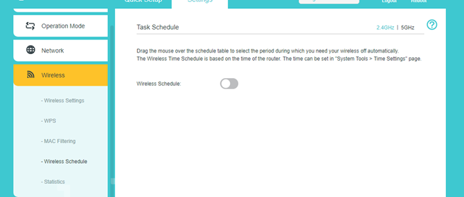 TP-Link router web UI showing Wireless Schedule (Task Schedule) page available under Wireless settings in Access Point Mode.
