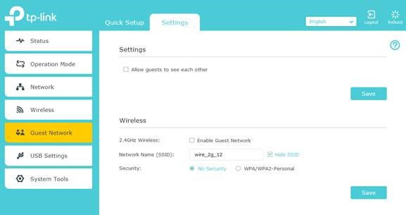 TP-Link router Guest Network settings page in Access Point mode, showing wireless settings and the Allow guests to see each other option.