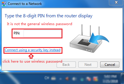 Windows Connect to a Network dialog prompting for an 8-digit PIN, with the Connect using a security key instead link highlighted in a red box.