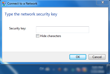 Windows Connect to a Network dialog prompting to type the network security key with a Security key field and Hide characters checkbox.