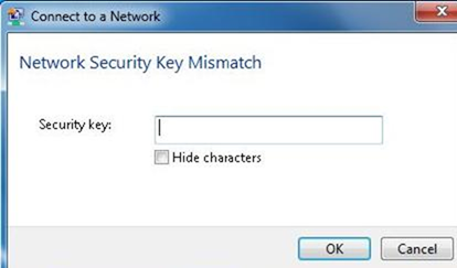 Windows Connect to a Network dialog showing a Network Security Key Mismatch error with the Security key field empty.