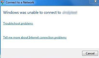 Windows Connect to a Network dialog showing a Windows was unable to connect error with Troubleshoot problems and Tell me more links.