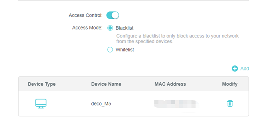 Router web UI Access Control settings showing Blacklist mode enabled with a device named deco_M5 listed.