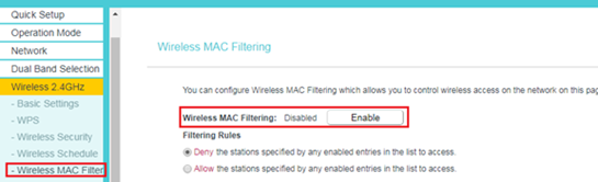 Router web UI showing Wireless MAC Filtering page with the Wireless MAC Filtering status set to Disabled, highlighted in a red box.