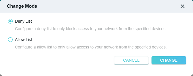 Change Mode settings with Deny List selected and Save button.