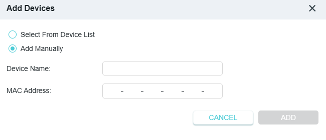 The Add Devices with Add Manually selected and Device Name and MAC Address entry fields