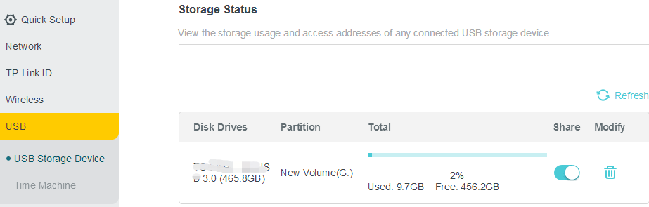 Router web UI showing USB Storage Device status with a connected 465.8GB drive, partition details, and usage at 2%.