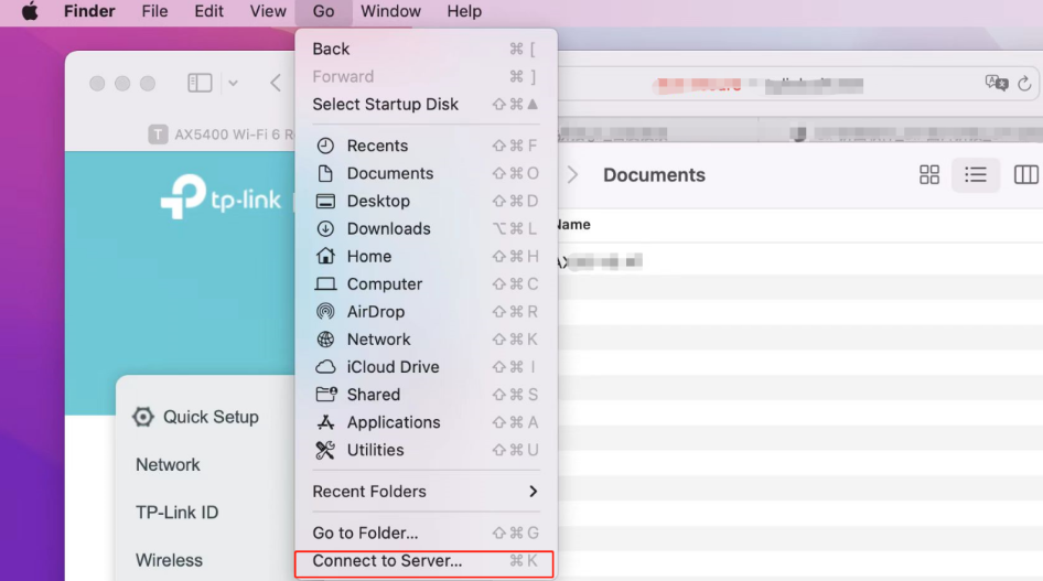 macOS Finder Go menu open with "Connect to Server" option highlighted.