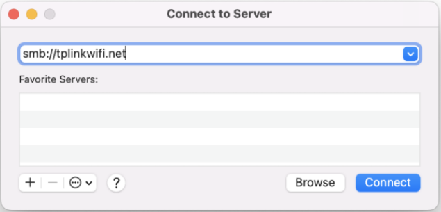 macOS Connect to Server dialog with smb://tplinkwifi.net entered.