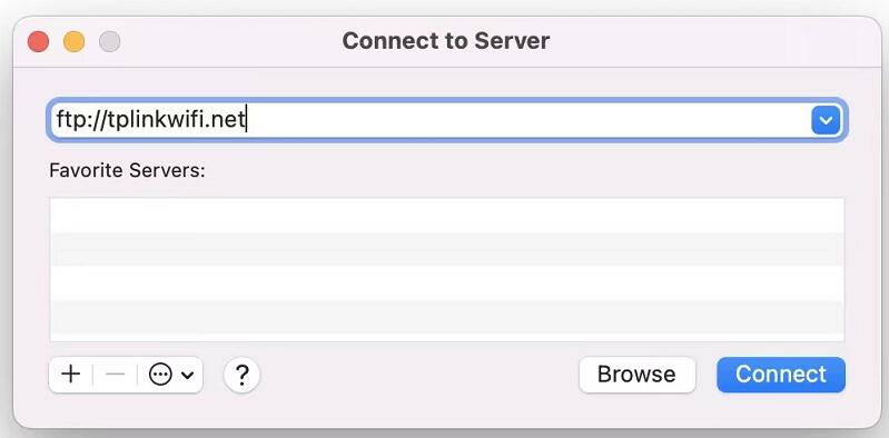macOS Connect to Server dialog with ftp://tplinkwifi.net entered. Type the username and password above to log in.