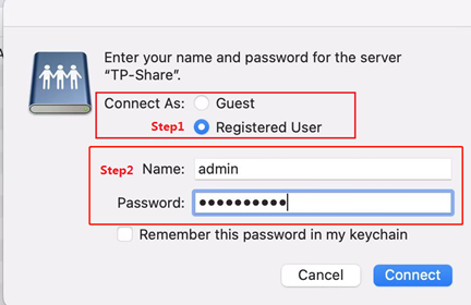 macOS server login dialog showing Registered User selected with admin credentials.