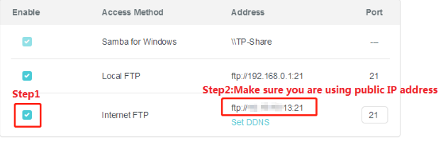Router USB sharing settings showing Internet FTP enabled with public IP address.