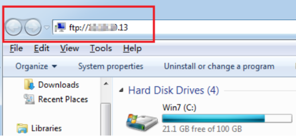Windows Explorer address bar showing ftp://x.x.x.13 for remote FTP access.