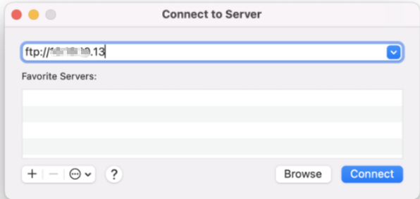 macOS Connect to Server dialog with ftp://x.x.x.13 WAN IP entered.