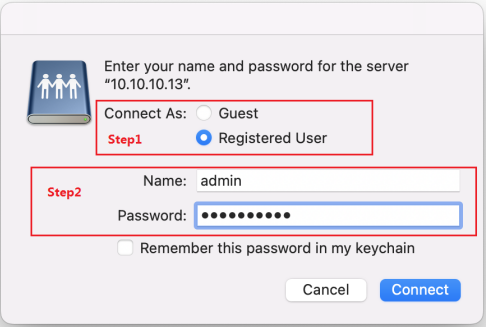 macOS server login dialog for x.x.x.13 with Registered User and admin credentials.