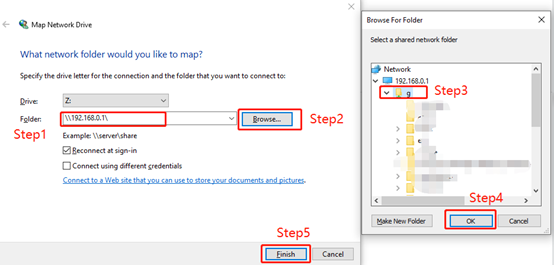Windows Map Network Drive dialog with Browse for Folder panel showing network share steps.