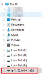 Windows Explorer showing mapped network drive g (\\192.168.0.1) as drive Z.