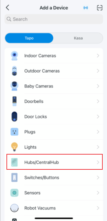 The screenshot showing all types of Tapo Device on the add a device page highlighted Hubs/CentralHub.