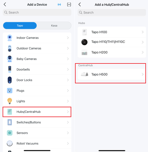The screenshot showing all types of Tapo Device on the add a device page highlighted Hubs/CentralHub, and all Tapo Hub’s models on the add a hub/centralhub page highlighted Tapo H500.