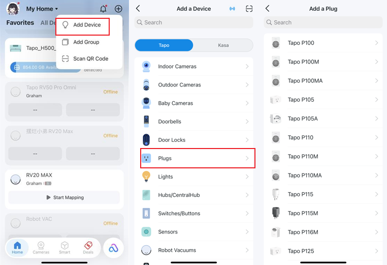 The path on the Tapo App to add a device and select a specific plug’s model.