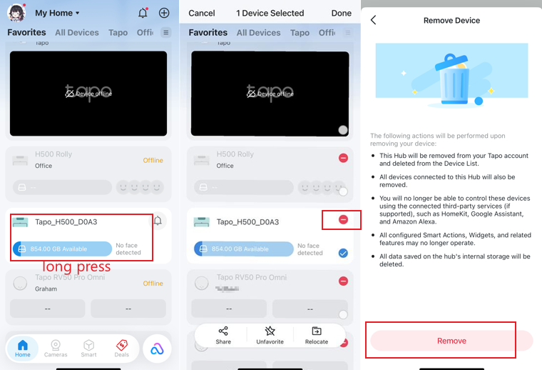 The path to remove the Tapo H500 from the Tapo App’s homepage.