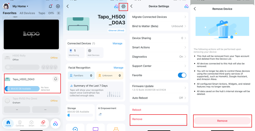 The path to remove the Tapo H500 from the Tapo H500’s Device Setting page.
