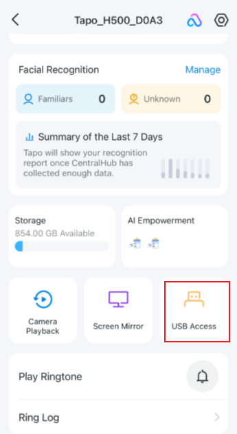 The Status page of the CentralHub highlighted the USB Access.