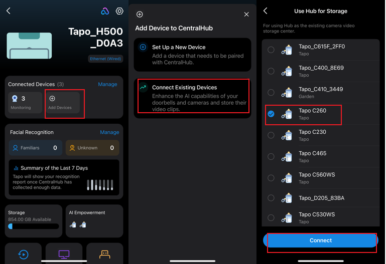 The path to connect a Wi-Fi Camera Tapo C260 to the new hub Tapo H500.
