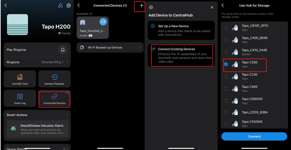 The path to connect a Wi-Fi Camera Tapo C260 to the new hub Tapo H200.