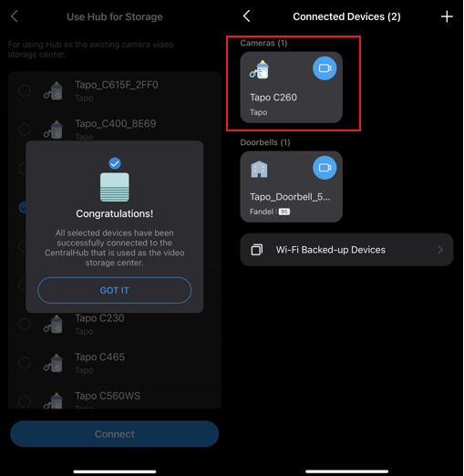 The Screenshot showing the Congratulations with a Got it button, and the Tapo C260 showing under the Connected Devices page.