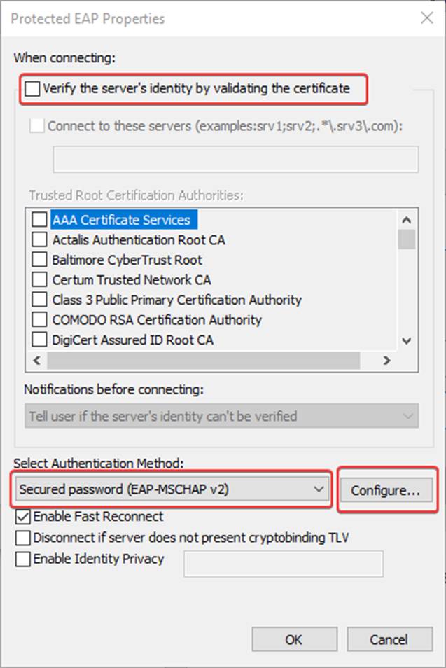 PEAP configuration with EAP-MSCHAP v2 settings.