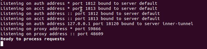 FreeRADIUS server running normally with services active.